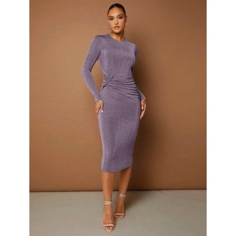 Mauve Long Sleeve Ruched Midi Dress - Size L